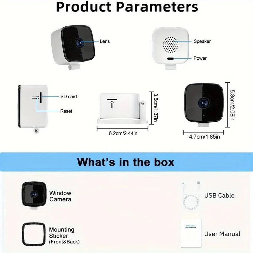 1080P Indoor WiFi Security Camera with Adhesive Window Mount & Two-Way Audio - Smart Home Surveillance