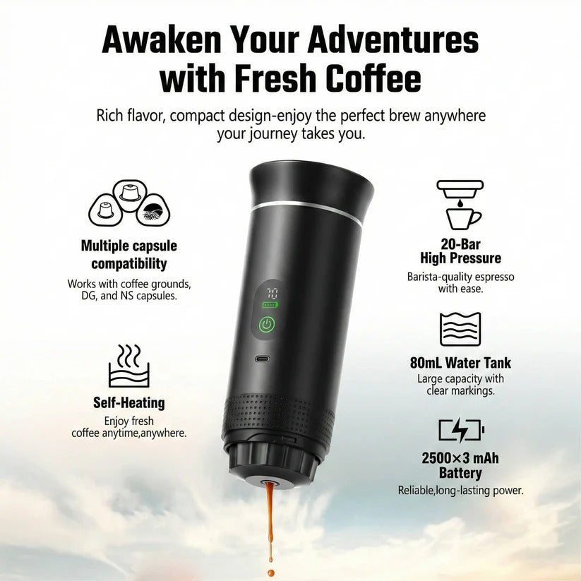 Portable 20 Bar Espresso Machine - Versatile for Capsule & Ground Coffee - Compact & Travel-Friendly