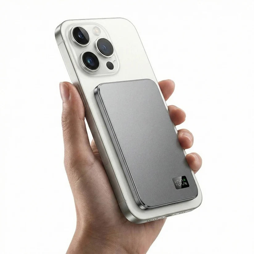 Slim Aluminum Portable Charger with Fast Wireless Charging for iPhone - Magnetic Design, Lightweight & Compact