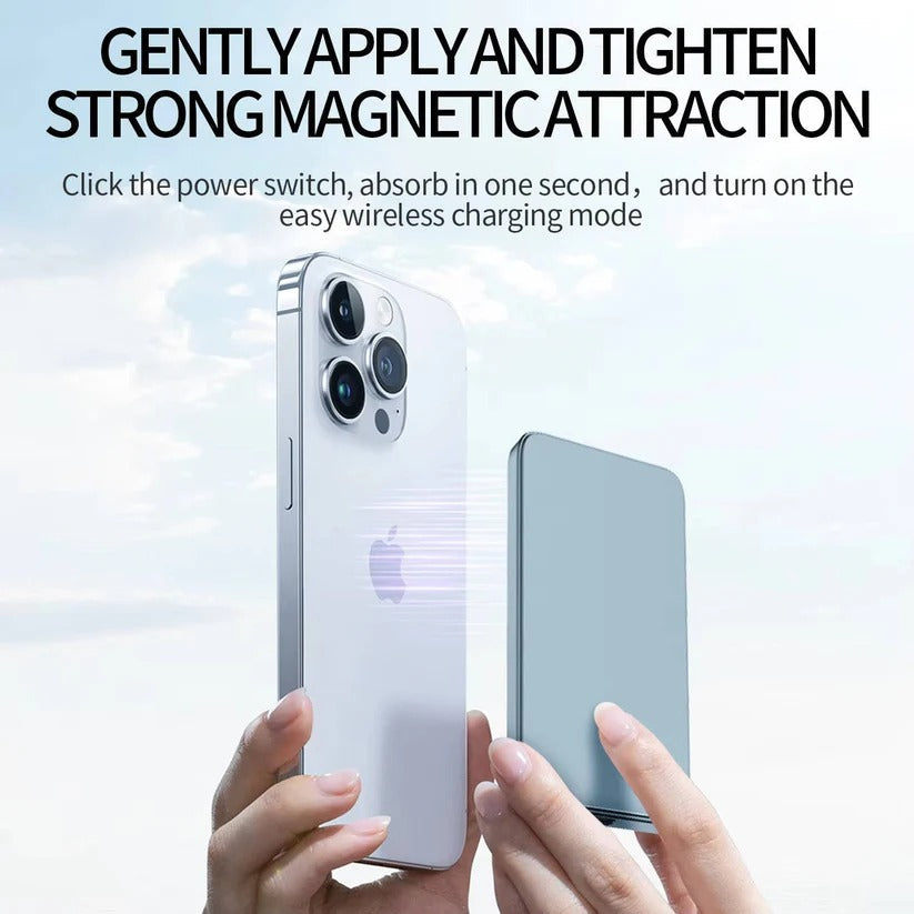 Slim Aluminum Portable Charger with Fast Wireless Charging for iPhone - Magnetic Design, Lightweight & Compact