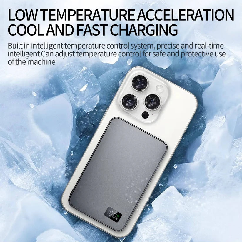 Slim Aluminum Portable Charger with Fast Wireless Charging for iPhone - Magnetic Design, Lightweight & Compact