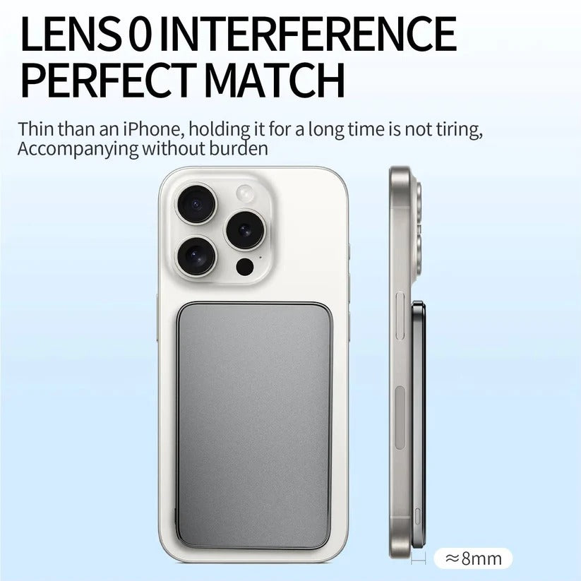 Slim Aluminum Portable Charger with Fast Wireless Charging for iPhone - Magnetic Design, Lightweight & Compact