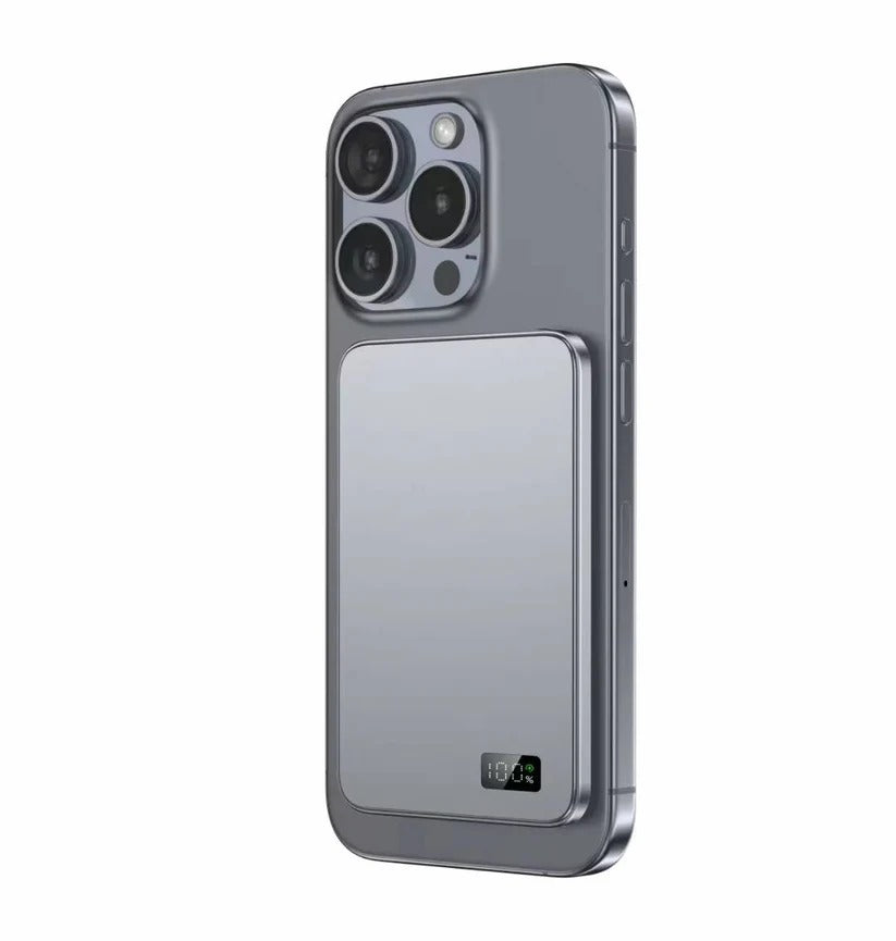Slim Aluminum Portable Charger with Fast Wireless Charging for iPhone - Magnetic Design, Lightweight & Compact