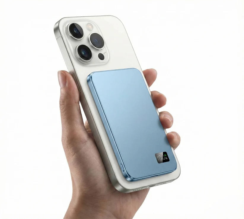 Slim Aluminum Portable Charger with Fast Wireless Charging for iPhone - Magnetic Design, Lightweight & Compact