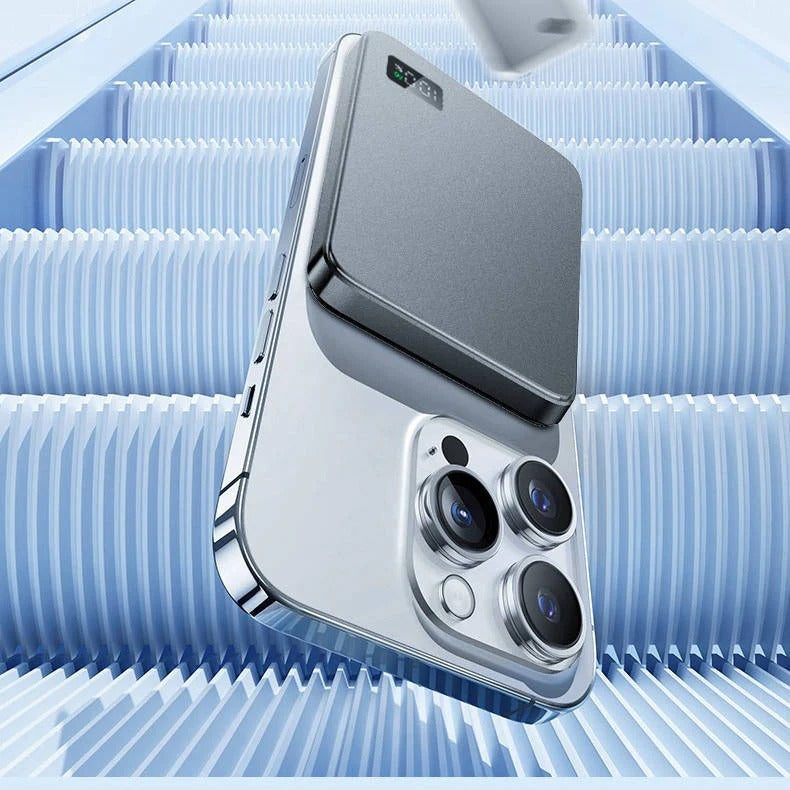 Slim Aluminum Portable Charger with Fast Wireless Charging for iPhone - Magnetic Design, Lightweight & Compact