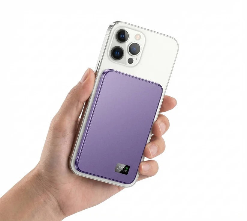Slim Aluminum Portable Charger with Fast Wireless Charging for iPhone - Magnetic Design, Lightweight & Compact