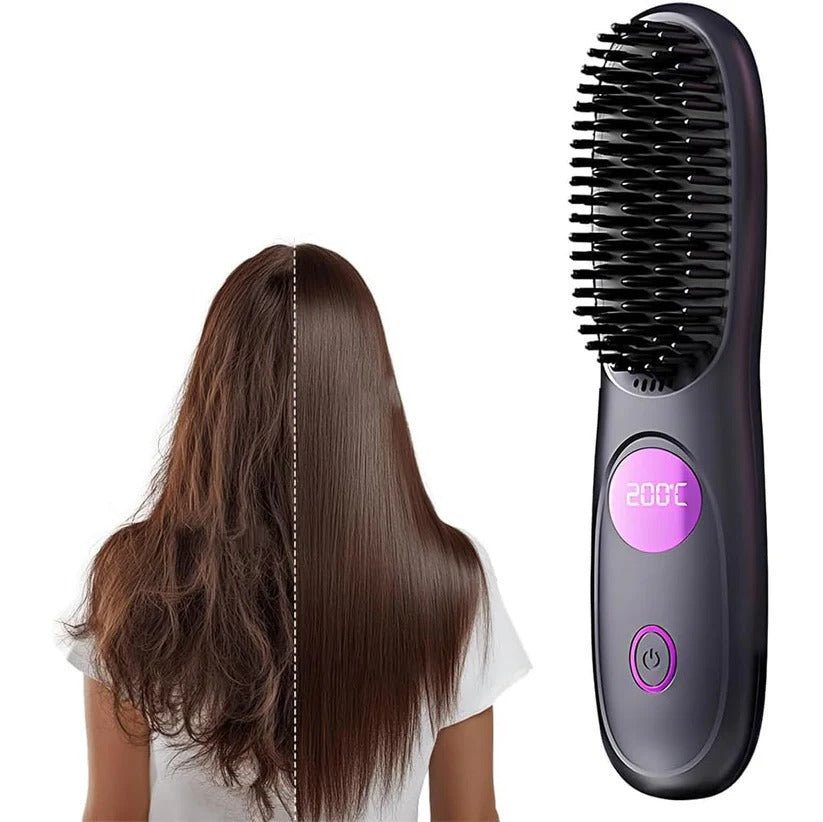 USB Rechargeable Heated Straightening Brush with LED Display & Adjustable Heat Settings - Fast Hair Styling Tool