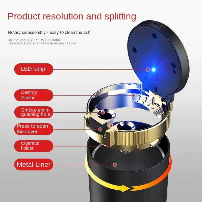 LED Light Portable Cup Holder Ashtray - Lidded, Odor Resistant & Travel-Friendly Design