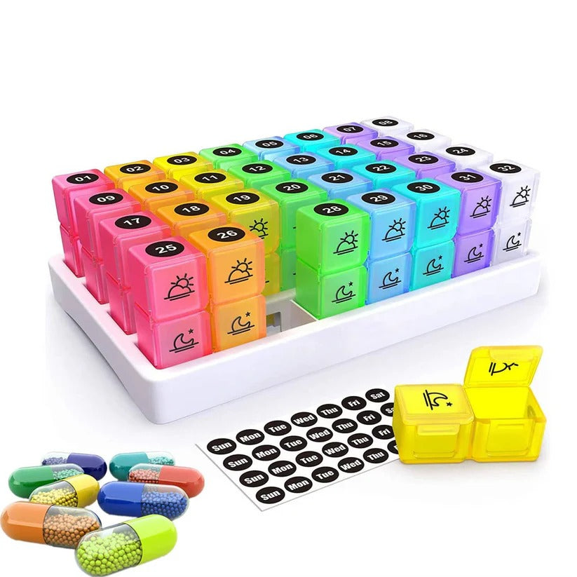 31-Day AM/PM Pill Organizer with Extra-Large Storage Case & Custom Label Stickers for Daily Medication Management