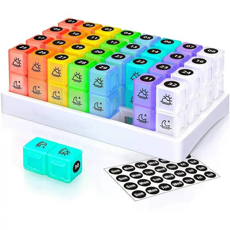 31-Day AM/PM Pill Organizer with Extra-Large Storage Case & Custom Label Stickers for Daily Medication Management