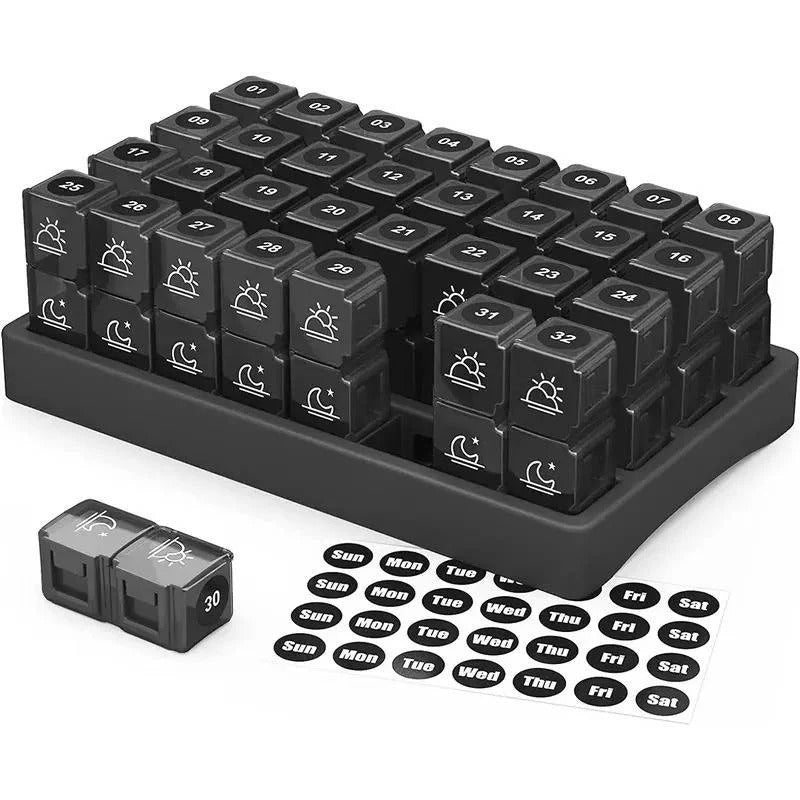 31-Day AM/PM Pill Organizer with Extra-Large Storage Case & Custom Label Stickers for Daily Medication Management