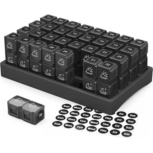 31-Day AM/PM Pill Organizer with Extra-Large Storage Case & Custom Label Stickers for Daily Medication Management