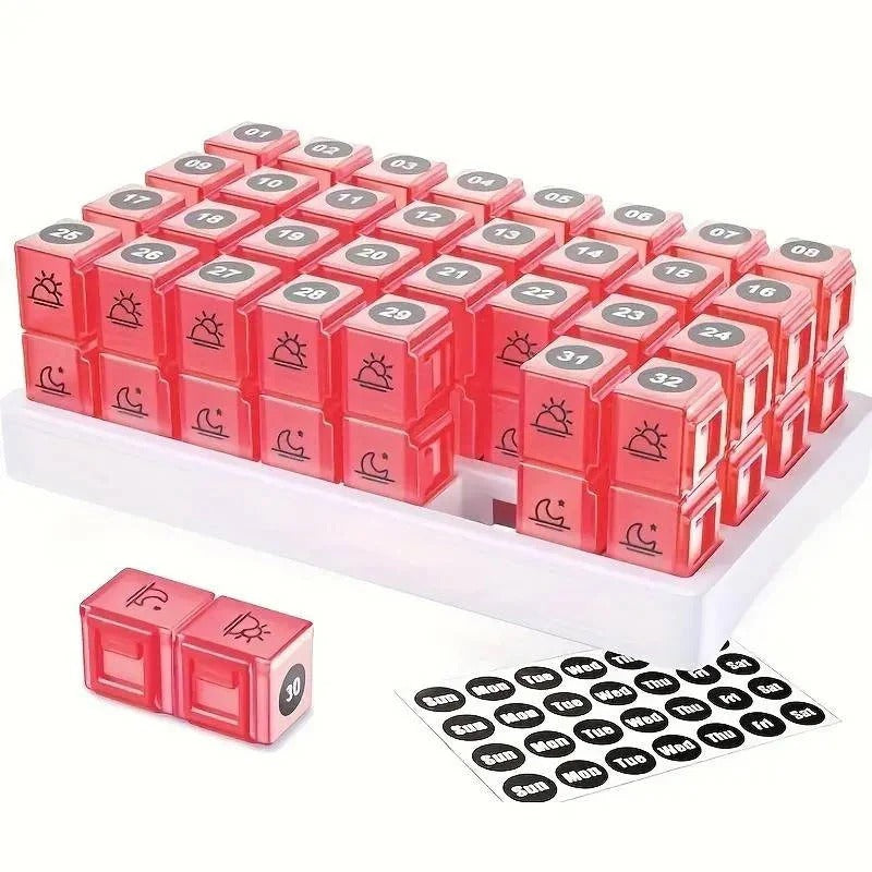31-Day AM/PM Pill Organizer with Extra-Large Storage Case & Custom Label Stickers for Daily Medication Management
