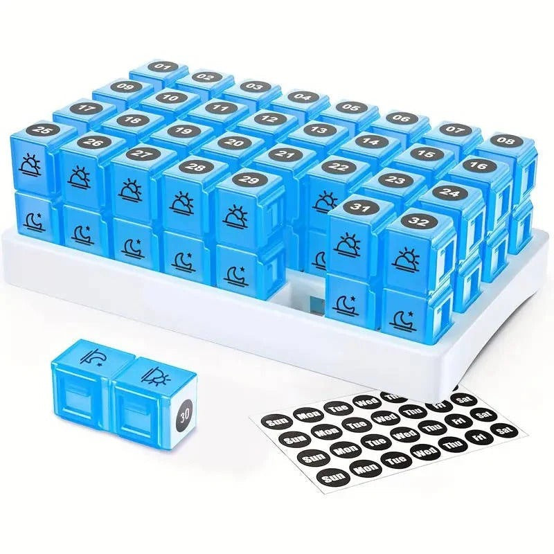 31-Day AM/PM Pill Organizer with Extra-Large Storage Case & Custom Label Stickers for Daily Medication Management
