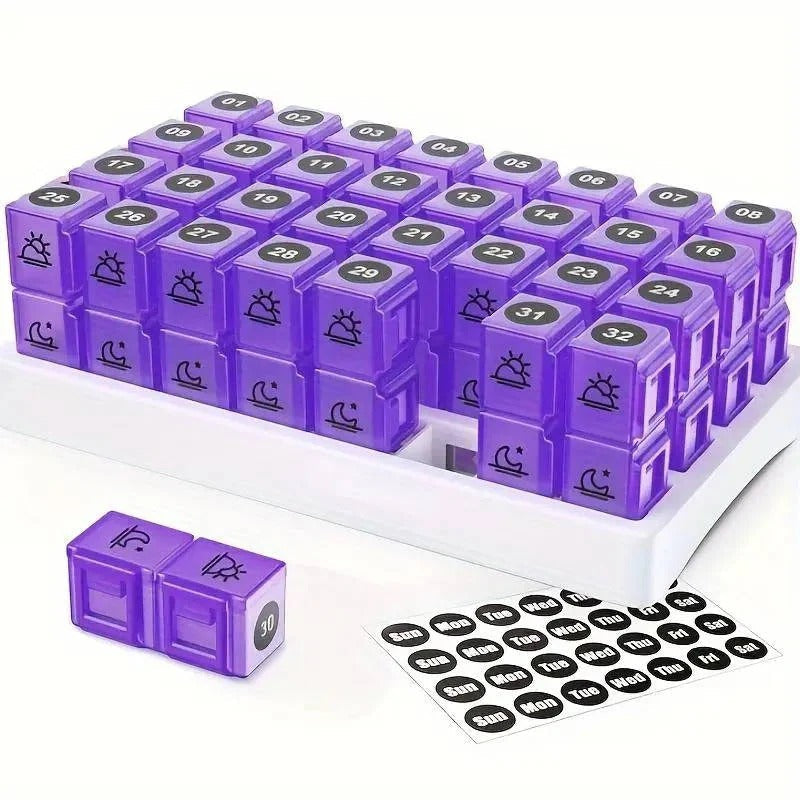 31-Day AM/PM Pill Organizer with Extra-Large Storage Case & Custom Label Stickers for Daily Medication Management