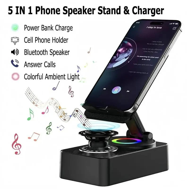 5-in-1 Wireless Bluetooth Speaker with Foldable Phone Stand, LED Lighting, and Enhanced Sound Quality - Perfect for Home, Travel, and Parties
