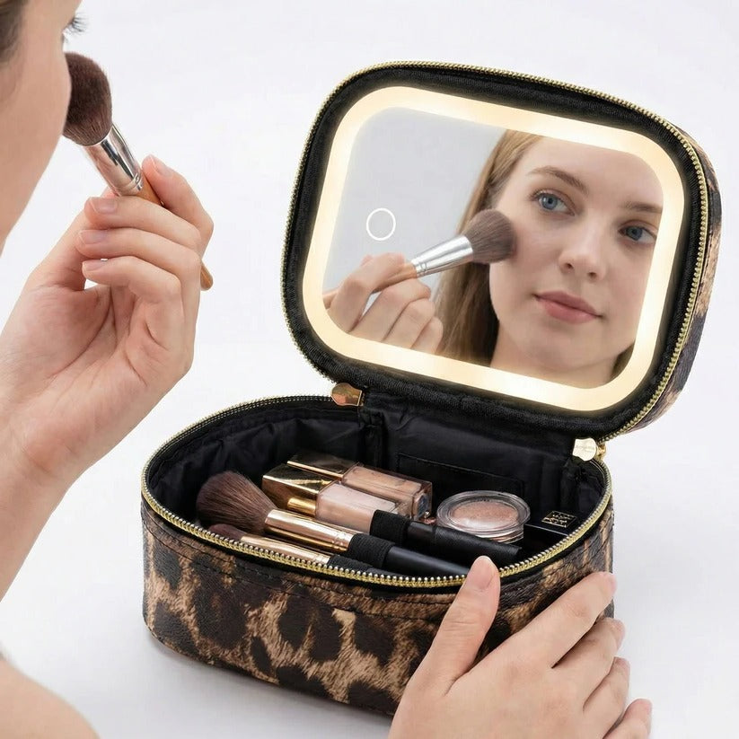 Portable Travel Cosmetic Case with Adjustable LED Mirror & Multi-Compartment Organizer - Ideal for Makeup on the Go