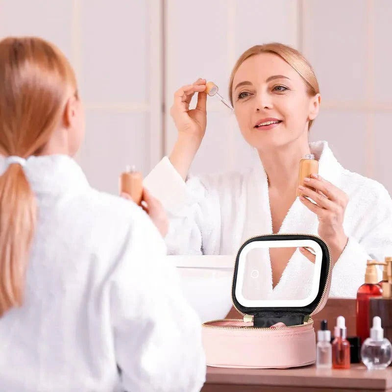 Portable Travel Cosmetic Case with Adjustable LED Mirror & Multi-Compartment Organizer - Ideal for Makeup on the Go
