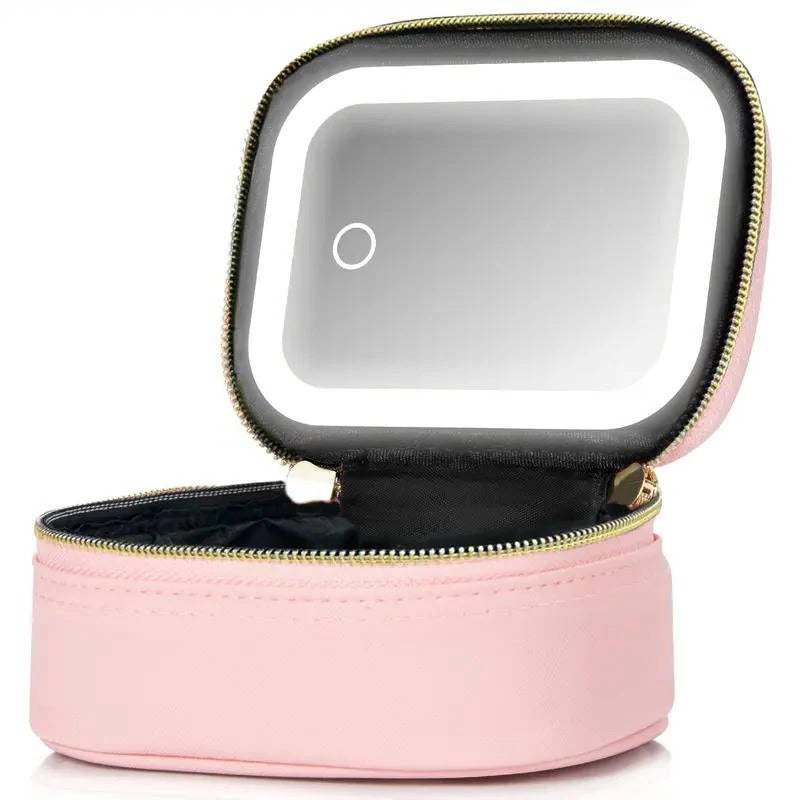 Portable Travel Cosmetic Case with Adjustable LED Mirror & Multi-Compartment Organizer - Ideal for Makeup on the Go