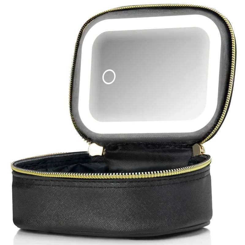 Portable Travel Cosmetic Case with Adjustable LED Mirror & Multi-Compartment Organizer - Ideal for Makeup on the Go