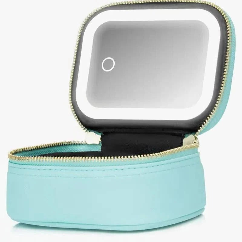 Portable Travel Cosmetic Case with Adjustable LED Mirror & Multi-Compartment Organizer - Ideal for Makeup on the Go