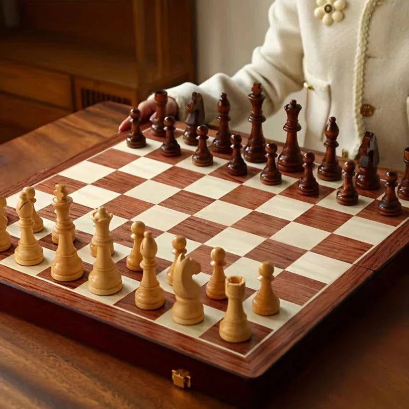 Premium Folding Walnut Wood Chess Set with Weighted Pieces & Convenient Storage - Perfect for Home & Travel