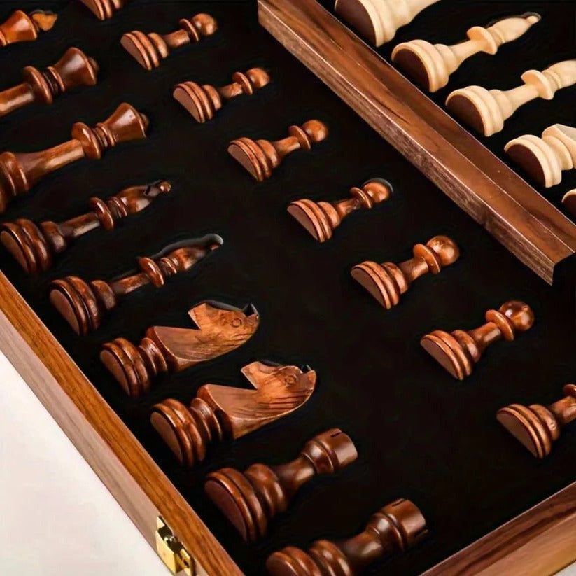 Premium Folding Walnut Wood Chess Set with Weighted Pieces & Convenient Storage - Perfect for Home & Travel