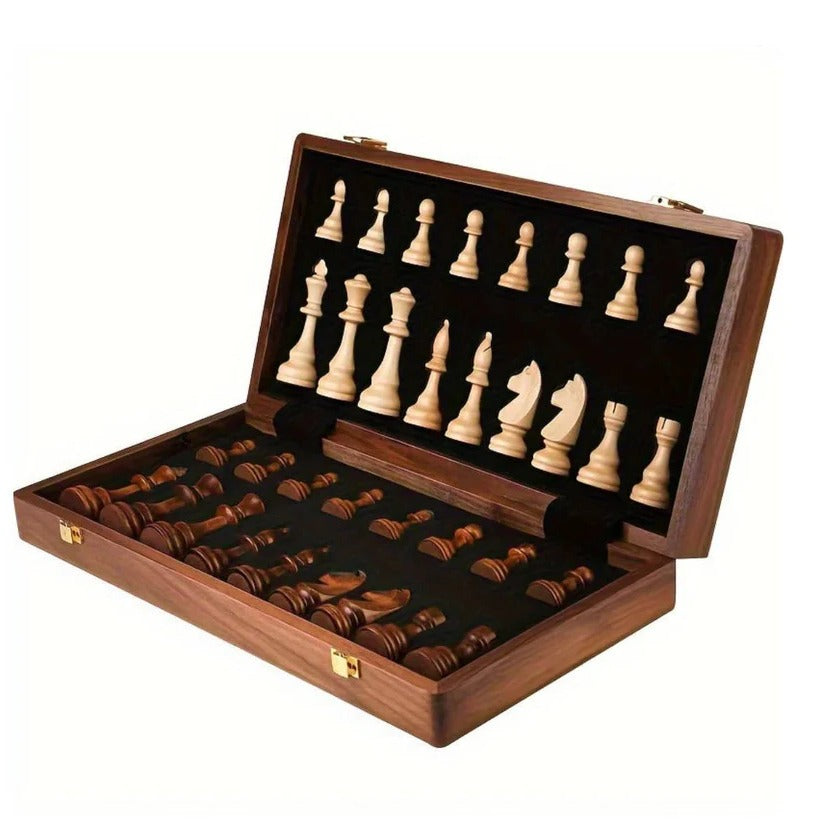 Premium Folding Walnut Wood Chess Set with Weighted Pieces & Convenient Storage - Perfect for Home & Travel