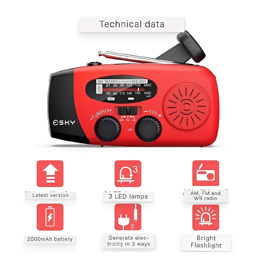 Hand Crank Emergency Radio - AM/FM/WB Bands, LED Flashlight, Rechargeable Battery & SOS Alarm - Ideal for Camping, Hiking & Emergency Preparedness