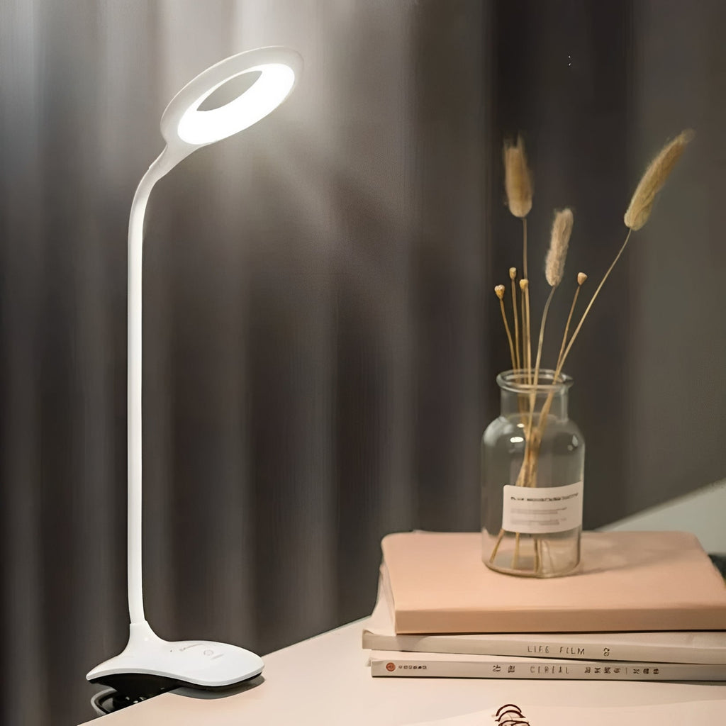 Dimmable USB Rechargeable Clip-On Gooseneck LED Reading Light for Desk Use - Flexible Arm, Perfect for Books & Laptops