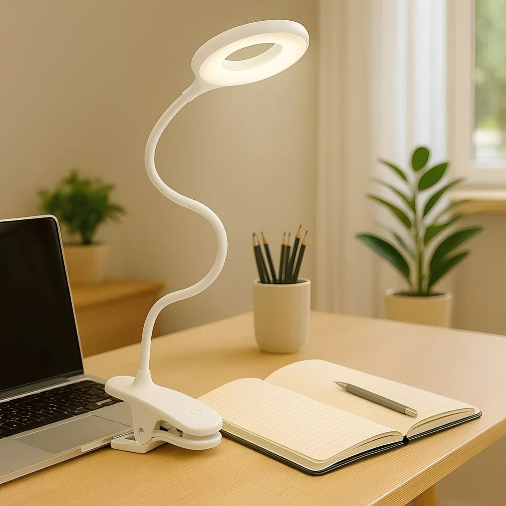 Dimmable USB Rechargeable Clip-On Gooseneck LED Reading Light for Desk Use - Flexible Arm, Perfect for Books & Laptops