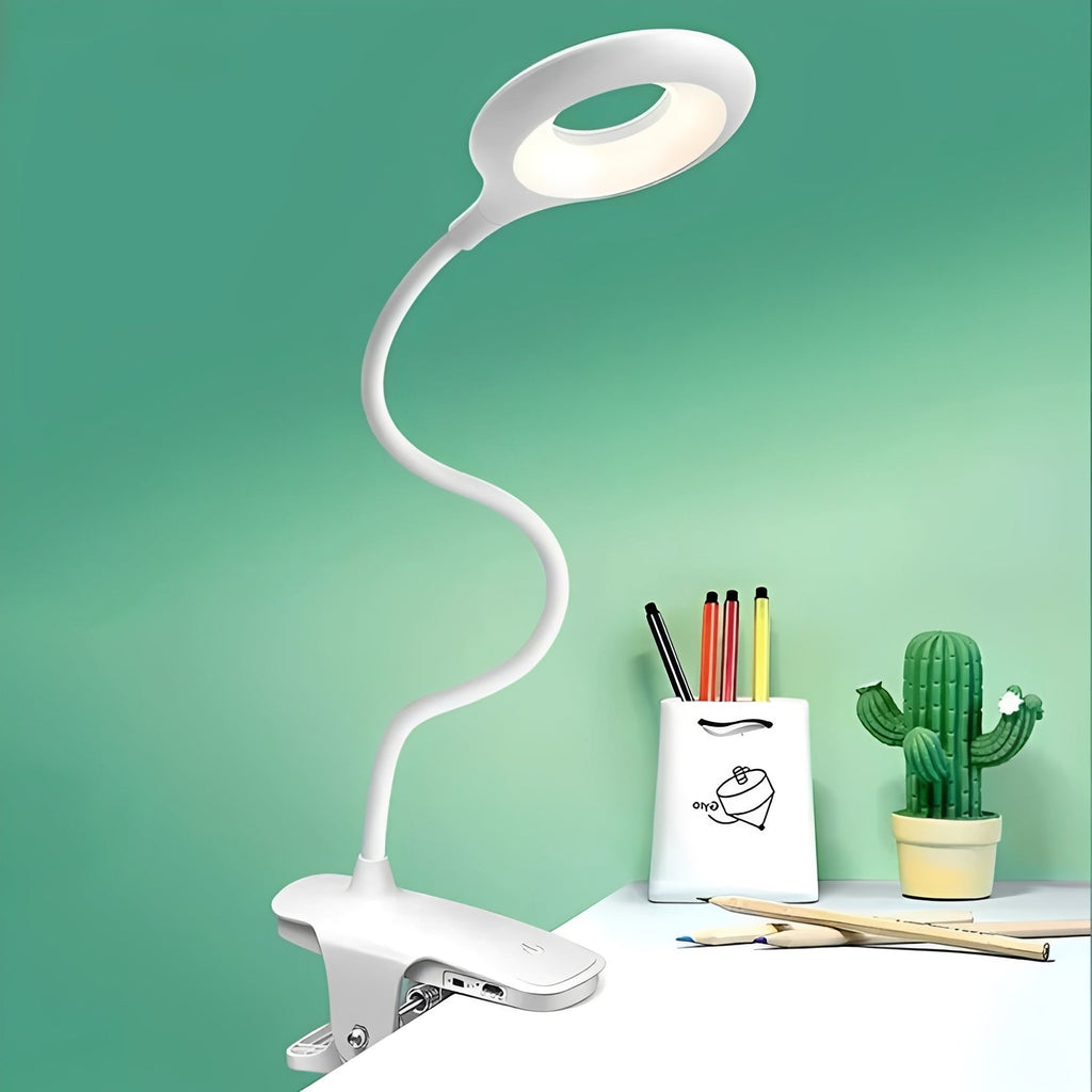 Dimmable USB Rechargeable Clip-On Gooseneck LED Reading Light for Desk Use - Flexible Arm, Perfect for Books & Laptops