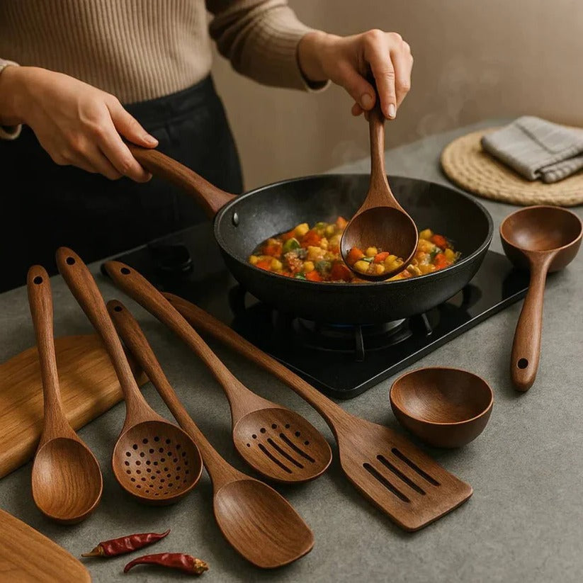Premium Natural Acacia Hardwood Cooking Utensil Set – Eco-Friendly Kitchen Tools for Cooking & Baking