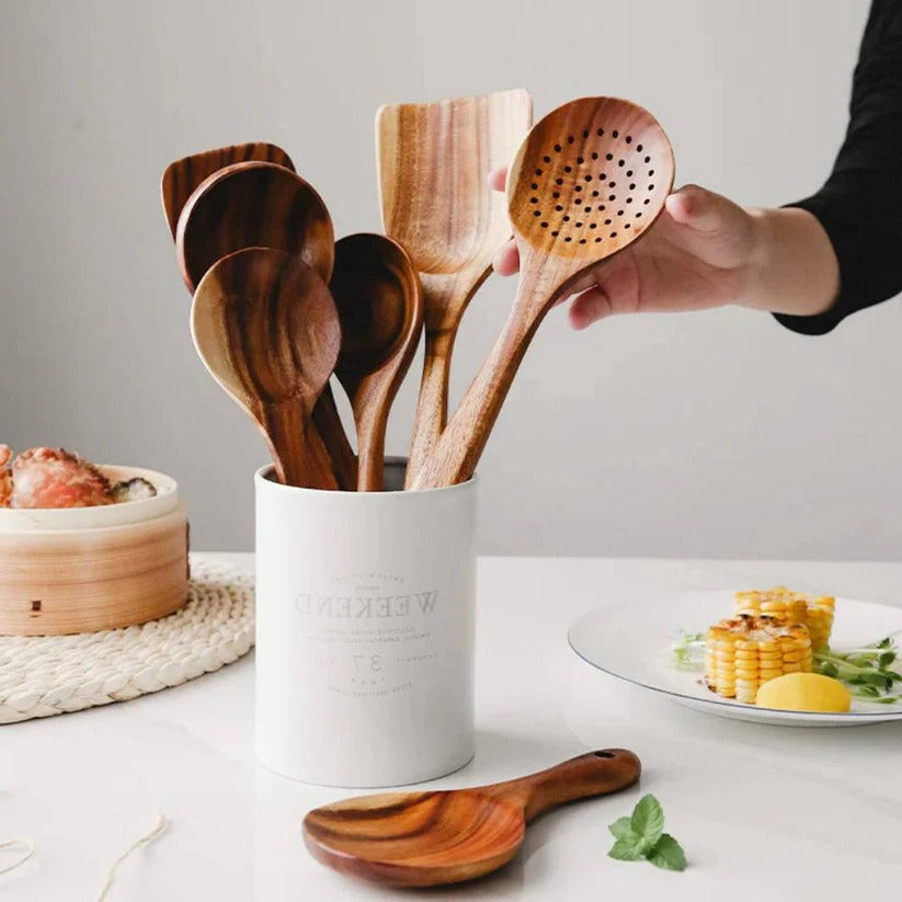 Premium Natural Acacia Hardwood Cooking Utensil Set – Eco-Friendly Kitchen Tools for Cooking & Baking
