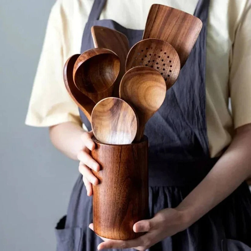 Premium Natural Acacia Hardwood Cooking Utensil Set – Eco-Friendly Kitchen Tools for Cooking & Baking