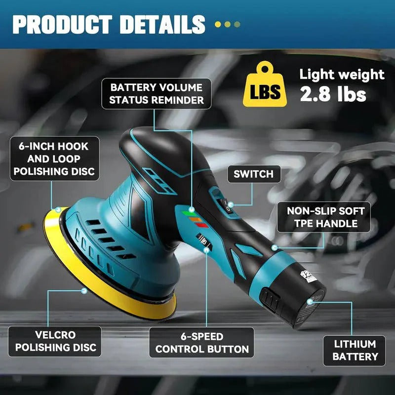 6-Inch Cordless Dual Action Car Polisher - 6 Variable Speeds, 9mm Orbit for Professional Finish