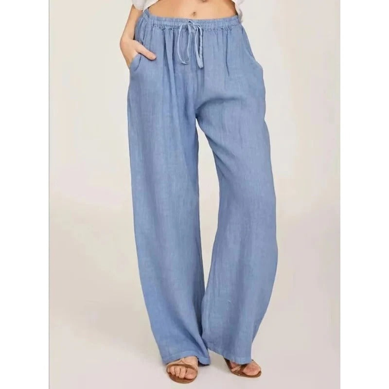 Women's Wide Leg Linen Blend Pants - Comfortable Elastic Waist & Functional Pockets