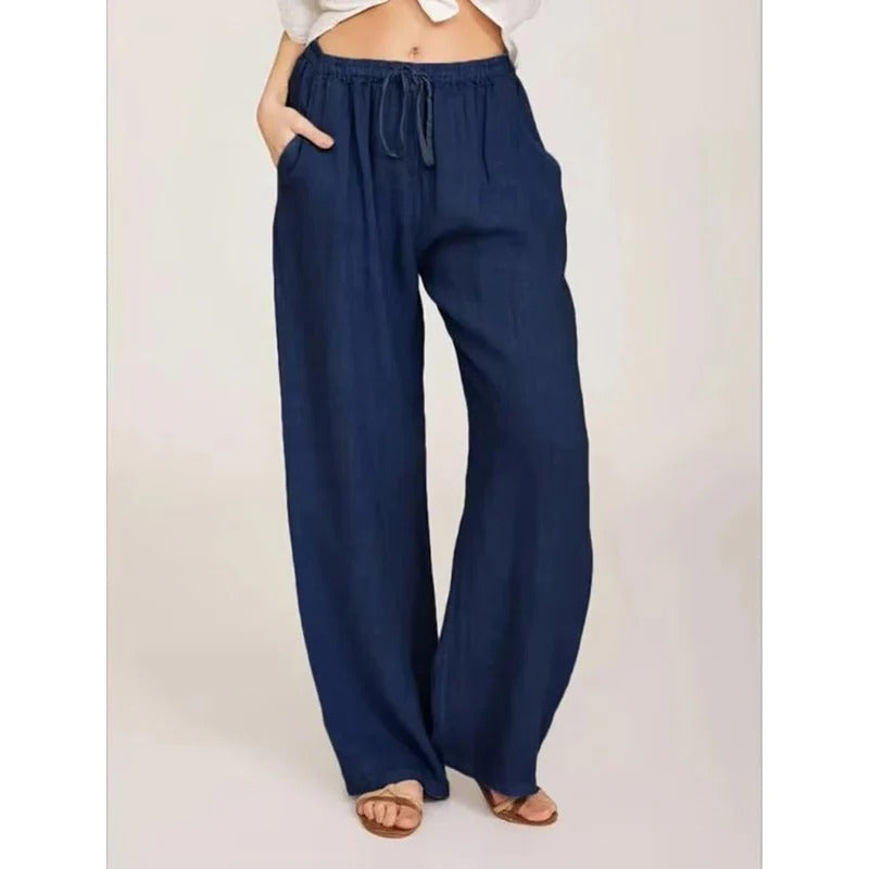Women's Wide Leg Linen Blend Pants - Comfortable Elastic Waist & Functional Pockets