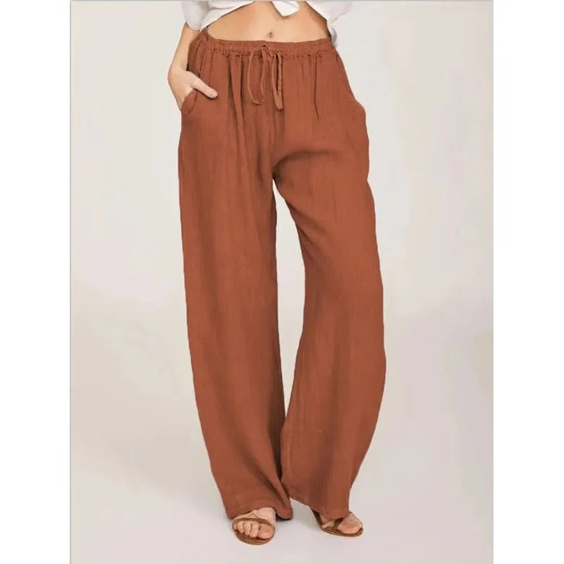 Women's Wide Leg Linen Blend Pants - Comfortable Elastic Waist & Functional Pockets