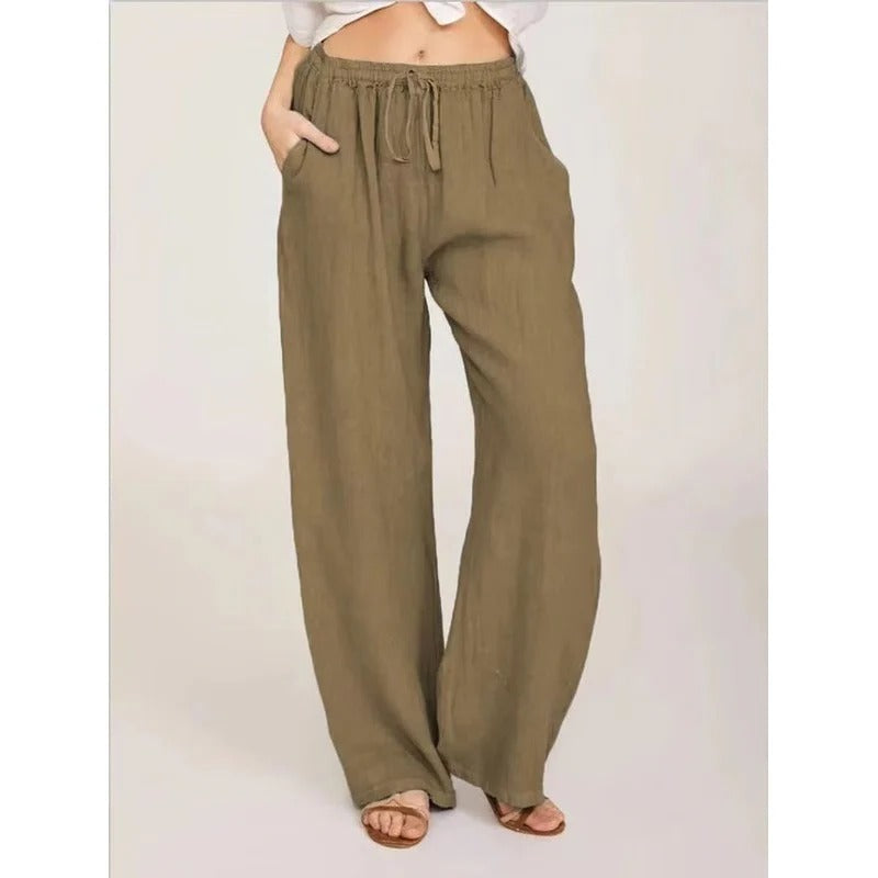 Women's Wide Leg Linen Blend Pants - Comfortable Elastic Waist & Functional Pockets