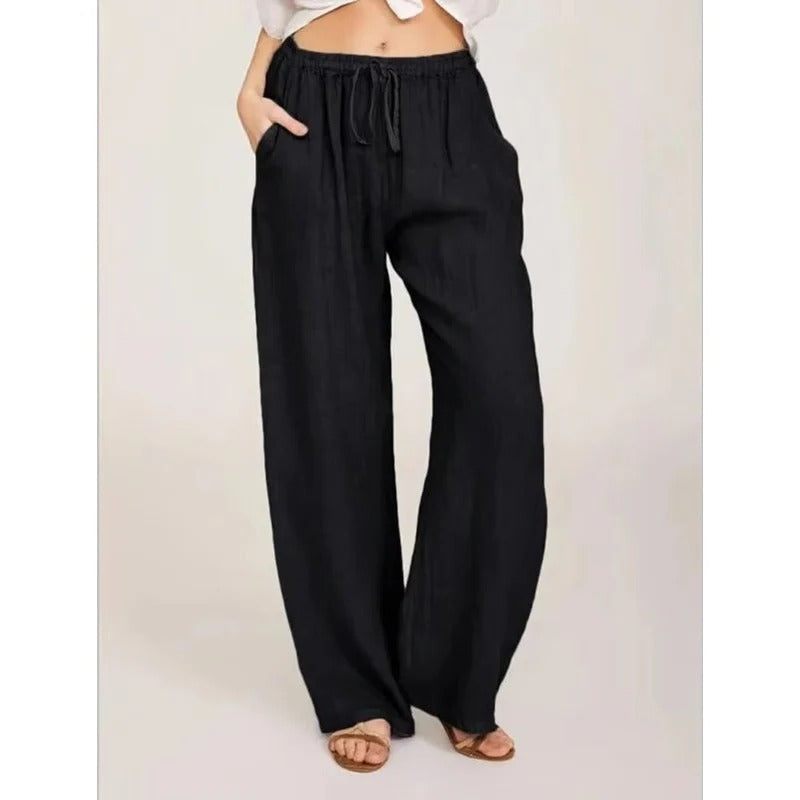 Women's Wide Leg Linen Blend Pants - Comfortable Elastic Waist & Functional Pockets
