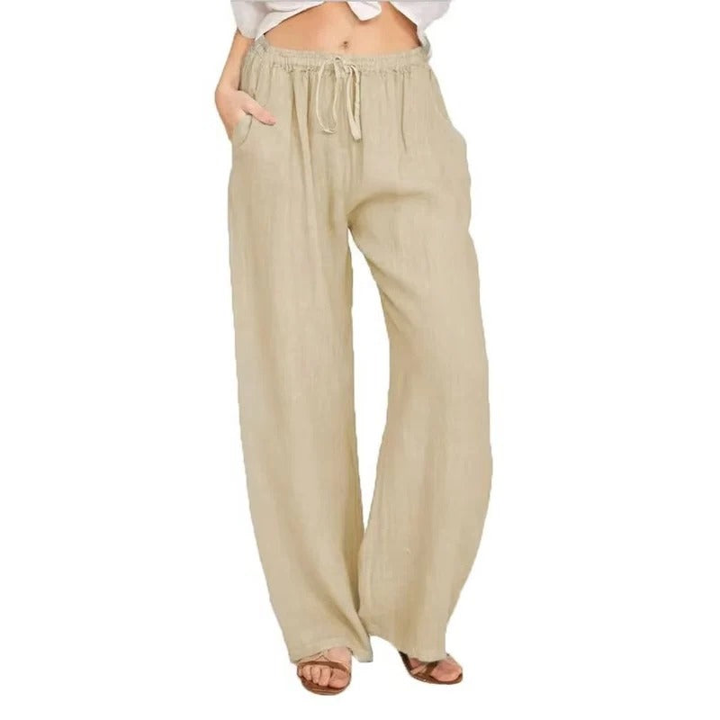 Women's Wide Leg Linen Blend Pants - Comfortable Elastic Waist & Functional Pockets