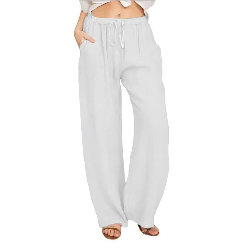 Women's Wide Leg Linen Blend Pants - Comfortable Elastic Waist & Functional Pockets