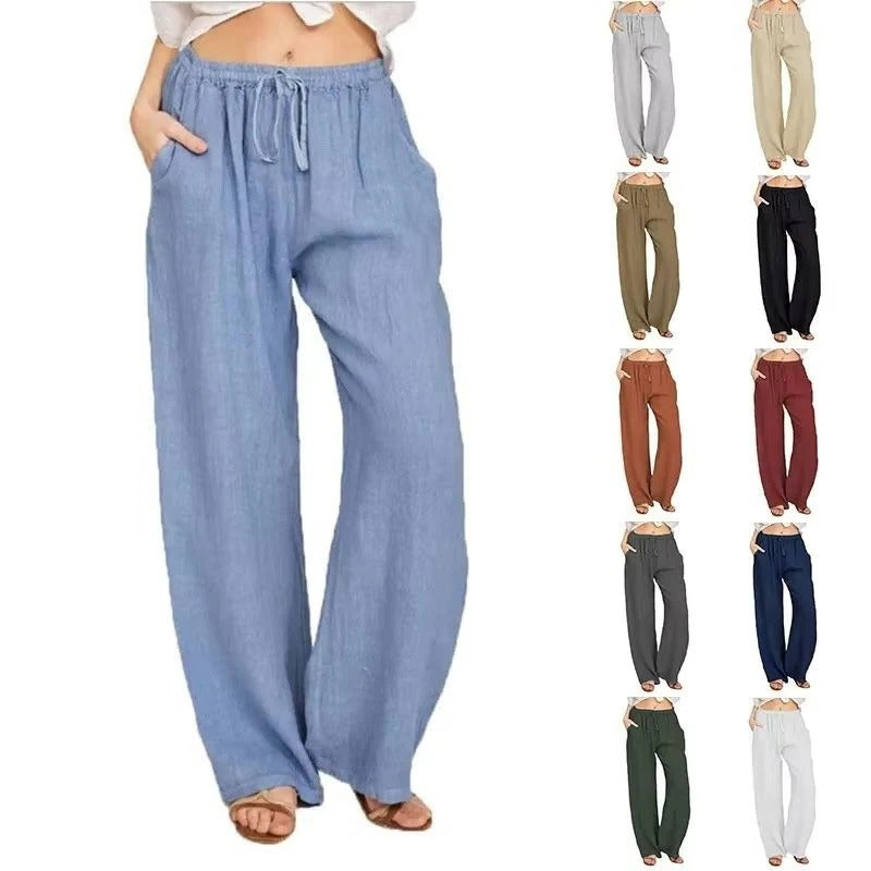 Women's Wide Leg Linen Blend Pants - Comfortable Elastic Waist & Functional Pockets