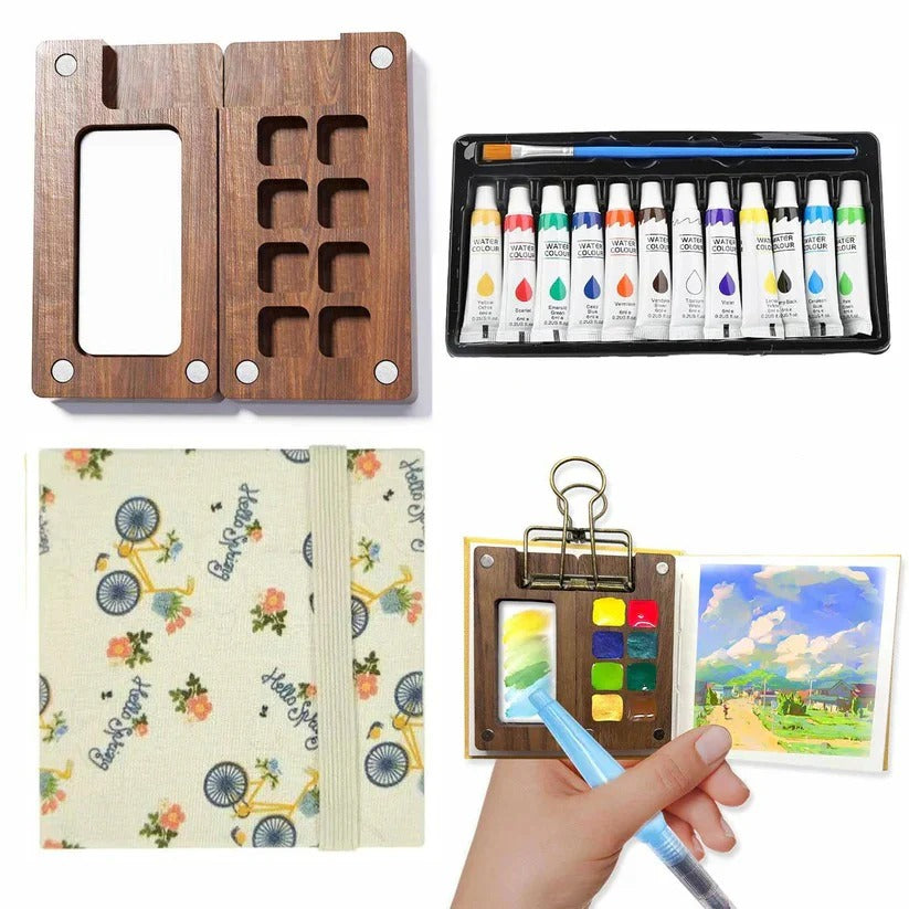 Portable Travel Watercolor Set - Mini Palette, Paint Brush & Sketchbook Included - Perfect for Artists on the Go