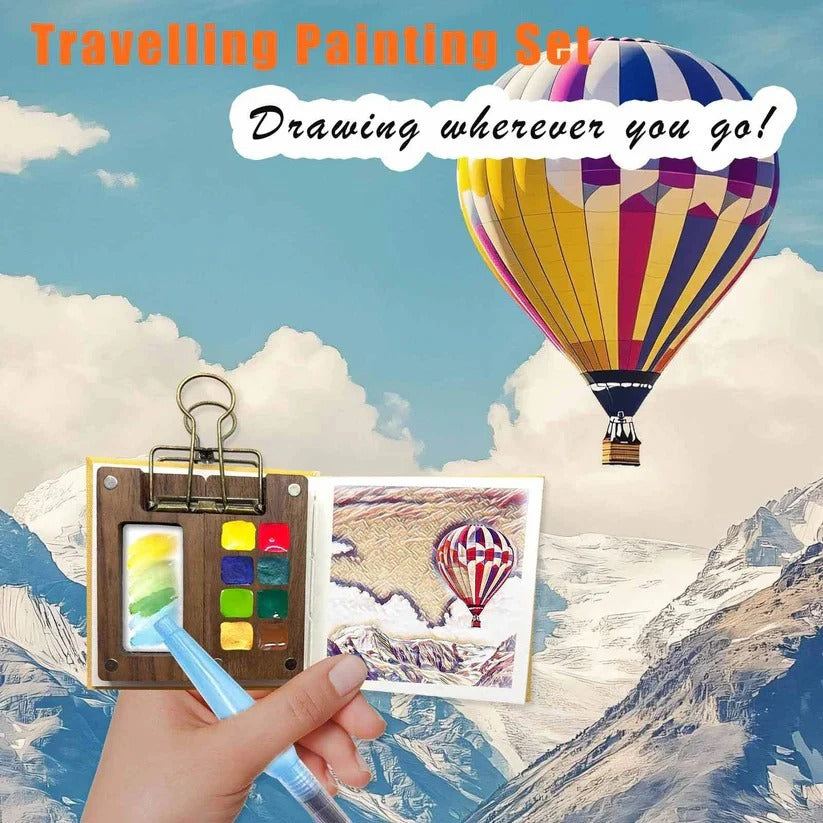 Portable Travel Watercolor Set - Mini Palette, Paint Brush & Sketchbook Included - Perfect for Artists on the Go