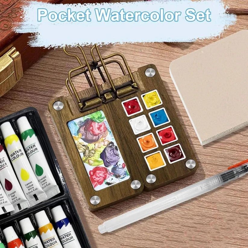 Portable Travel Watercolor Set - Mini Palette, Paint Brush & Sketchbook Included - Perfect for Artists on the Go