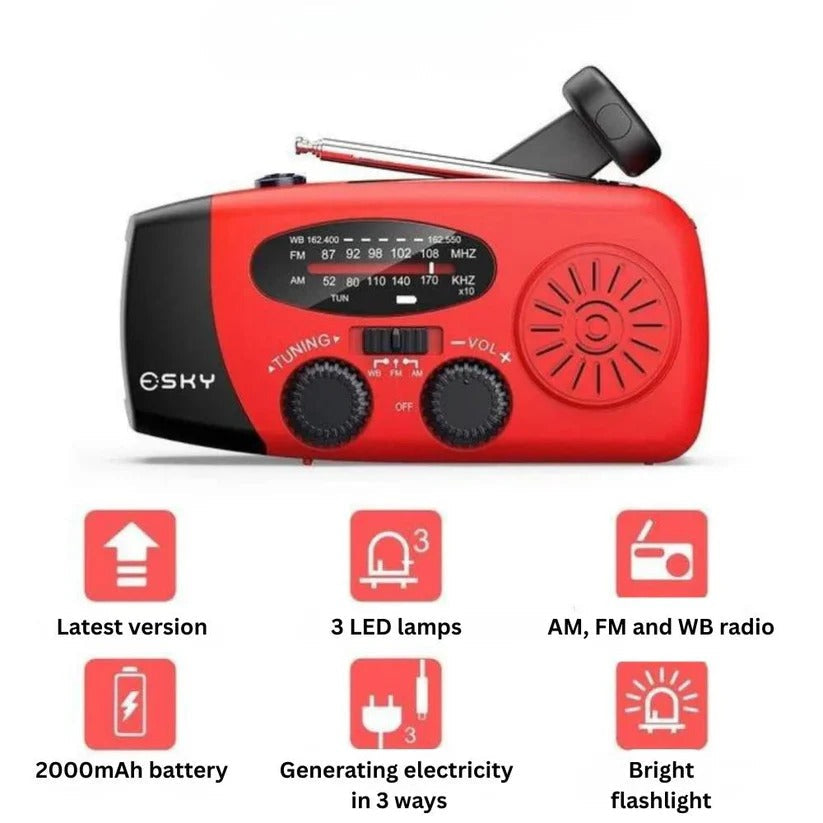 Hand Crank Solar Emergency Radio with Power Bank - Portable Weather Radio with USB Charging & LED Flashlight