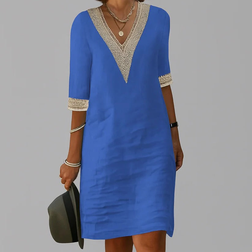 Women's Relaxed Loose-Fit Linen Midi Dress with Side Pockets - Perfect Summer Style
