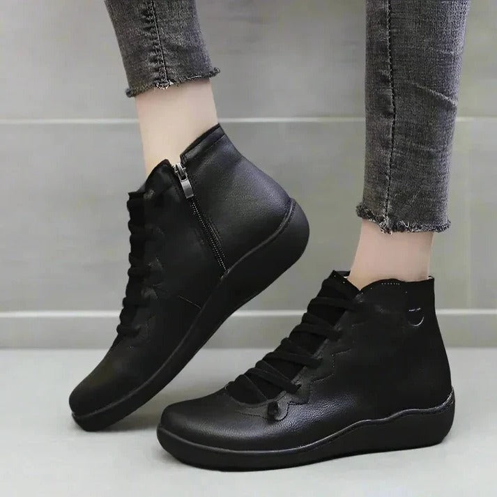 Women's Faux Leather Zip-Up Heeled Boots with Chunky Block Sole - Stylish & Comfortable Footwear